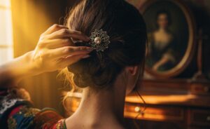 Illustration von einer modernen und einer antiken Narrenzwiebel-Haarnadel, die nebeneinander vor einem verschwommenen Hintergrund mit historischen Frisurenporträts schweben.