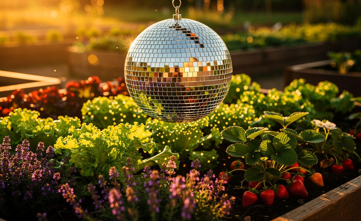 Illustration von einer funkelnden Diskokugel, die zwischen üppigen Gemüsepflanzen und blühenden Stauden in einem sonnigen Garten hängt und Lichtreflexe auf die Blätter wirft.