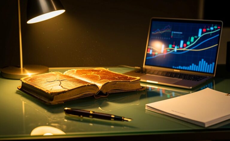 Illustration von einem abgegriffenen alten Trickbuch auf einem modernen Schreibtisch neben Finanzdokumenten und einem Laptop mit Börsenkursen.