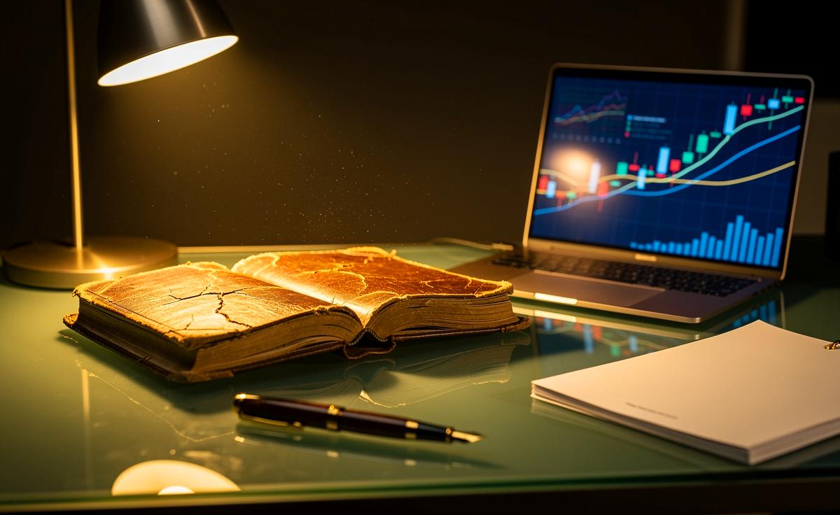 Illustration von einem abgegriffenen alten Trickbuch auf einem modernen Schreibtisch neben Finanzdokumenten und einem Laptop mit Börsenkursen.