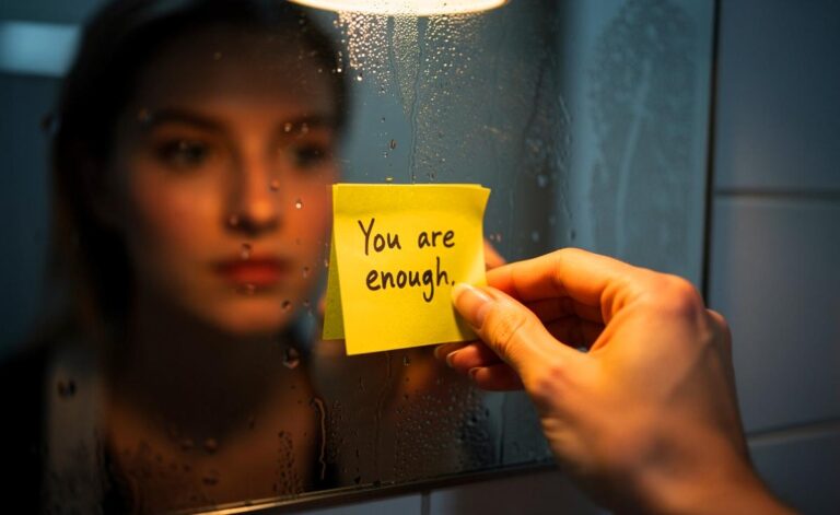 Illustration von einer Hand, die einen gelben Post-it mit der Aufschrift "Du schaffst das!" an einen Badezimmerspiegel klebt.