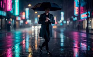 Illustration von einer urbanen, minimalistisch gekleideten Person, die einen schlanken, grifflosen Stockschirm in einer regennassen Stadtlandschaft trägt.