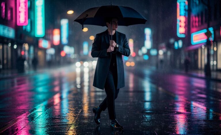 Illustration von einer urbanen, minimalistisch gekleideten Person, die einen schlanken, grifflosen Stockschirm in einer regennassen Stadtlandschaft trägt.