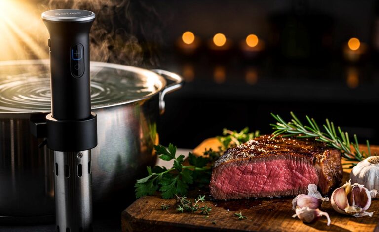 Illustration von einem modernen Sous-Vide-Stift, der in einem Topf mit zirkulierendem Wasser steckt, daneben liegen perfekt gegarte Lebensmittel wie ein Steak und Gemüse auf einem Schneidebrett.