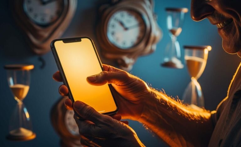 Illustration von einer lebenserfahrenen Person, die mit einem Lächeln und souveräner Geste auf das Display ihres Smartphones zeigt, während im Hintergrund symbolische Uhren und Stoppuhren schrumpfen.