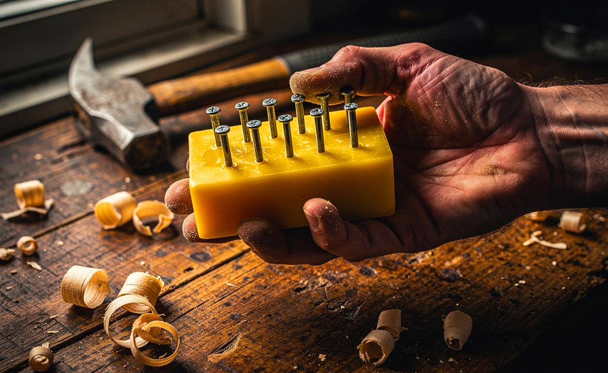 Illustration von mehreren Nägeln, die in einem Stück gelber Kernseife stecken, umgeben von Werkzeugen und Holzspänen.