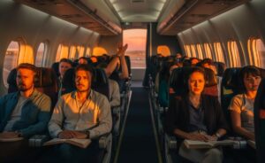 Illustration von Passagieren in einer Flugzeugkabine, die nach einer Landung schweigend das Aussteigen erwarten, während eine vereinzelte Person in den vorderen Reihen zu klatschen beginnt.