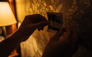 Illustration von einer Hand, die ein persönliches Foto mit abwaschbarem Klebeband an die Wand eines Hotelzimmers klebt.