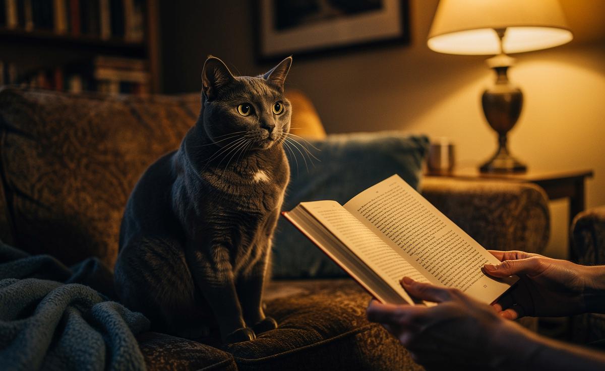 Illustration von einer Katze, die gespannt einem vorlesenden Menschen zuhört, während ein geöffneter Krimi zwischen ihnen liegt.