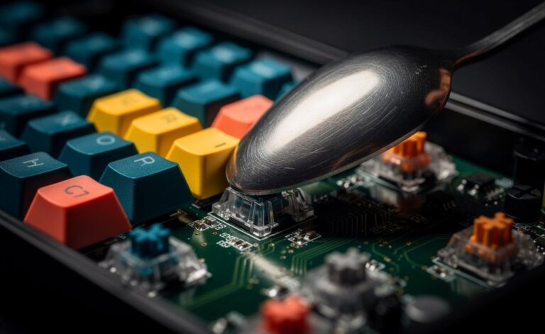 Illustration von einer geöffneten mechanischen Tastatur, in deren Innerem ein silberner Löffel zwischen den Schaltern und der Leiterplatte positioniert ist.